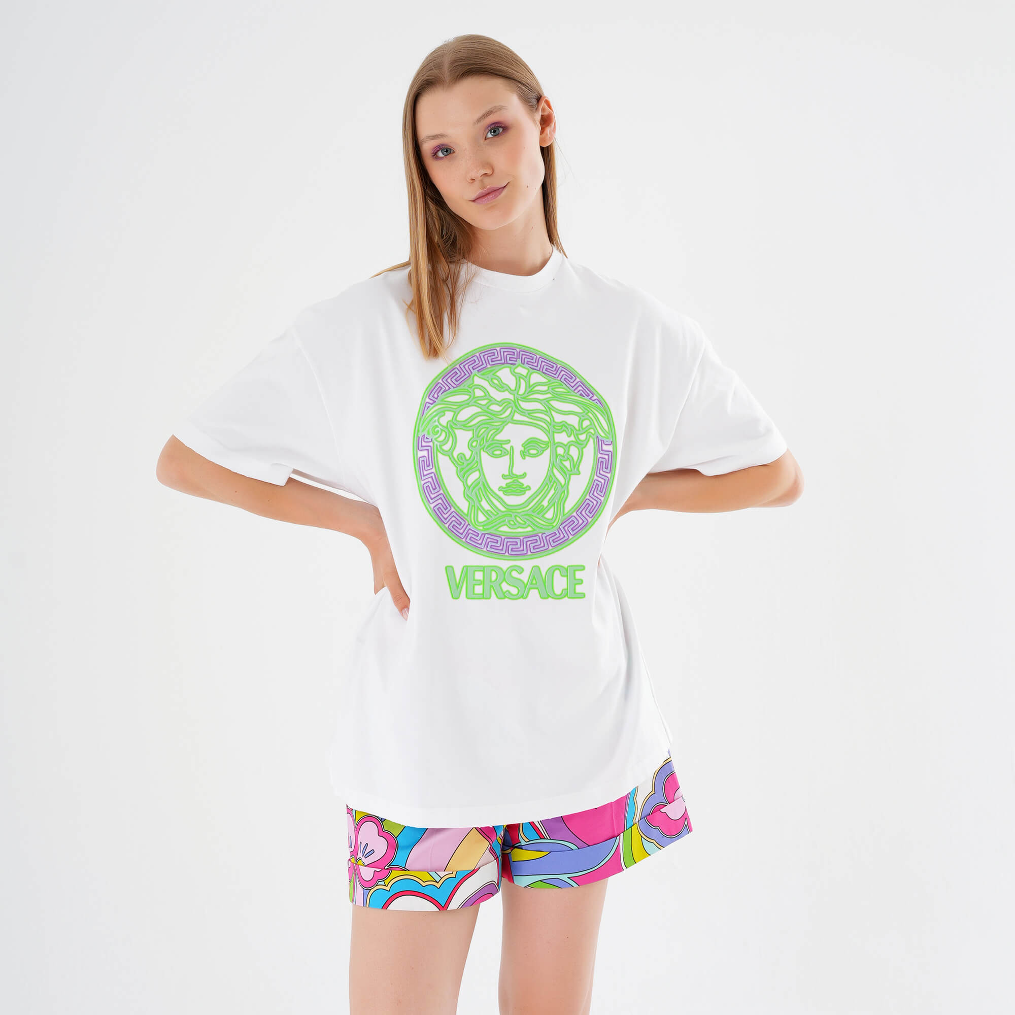 Versace - Oversized White & Green Medusa Head Printed Cotton Tshirt IT38